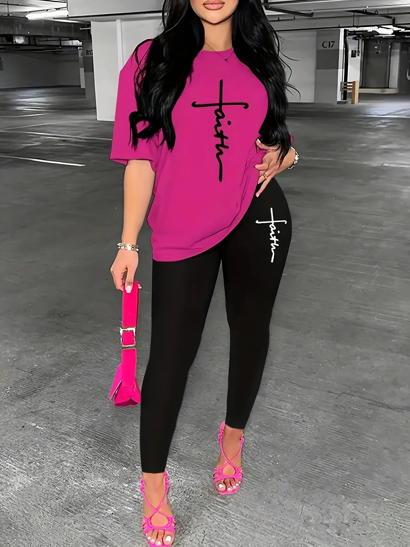 Women's Sports Outfit Set Plus Size Letter Print Black Short Sleeve T-shirt Top & Pants Fitness 2 Piece Set