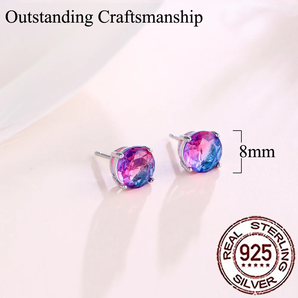 CWWZircons 925 Sterling Silver Delicate Rainbow Mystical CZ Crystal Round Stud Earrings for Women Daily Party Fine Jewelry SE050