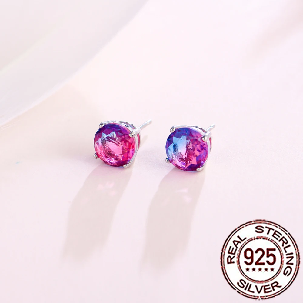CWWZircons 925 Sterling Silver Delicate Rainbow Mystical CZ Crystal Round Stud Earrings for Women Daily Party Fine Jewelry SE050