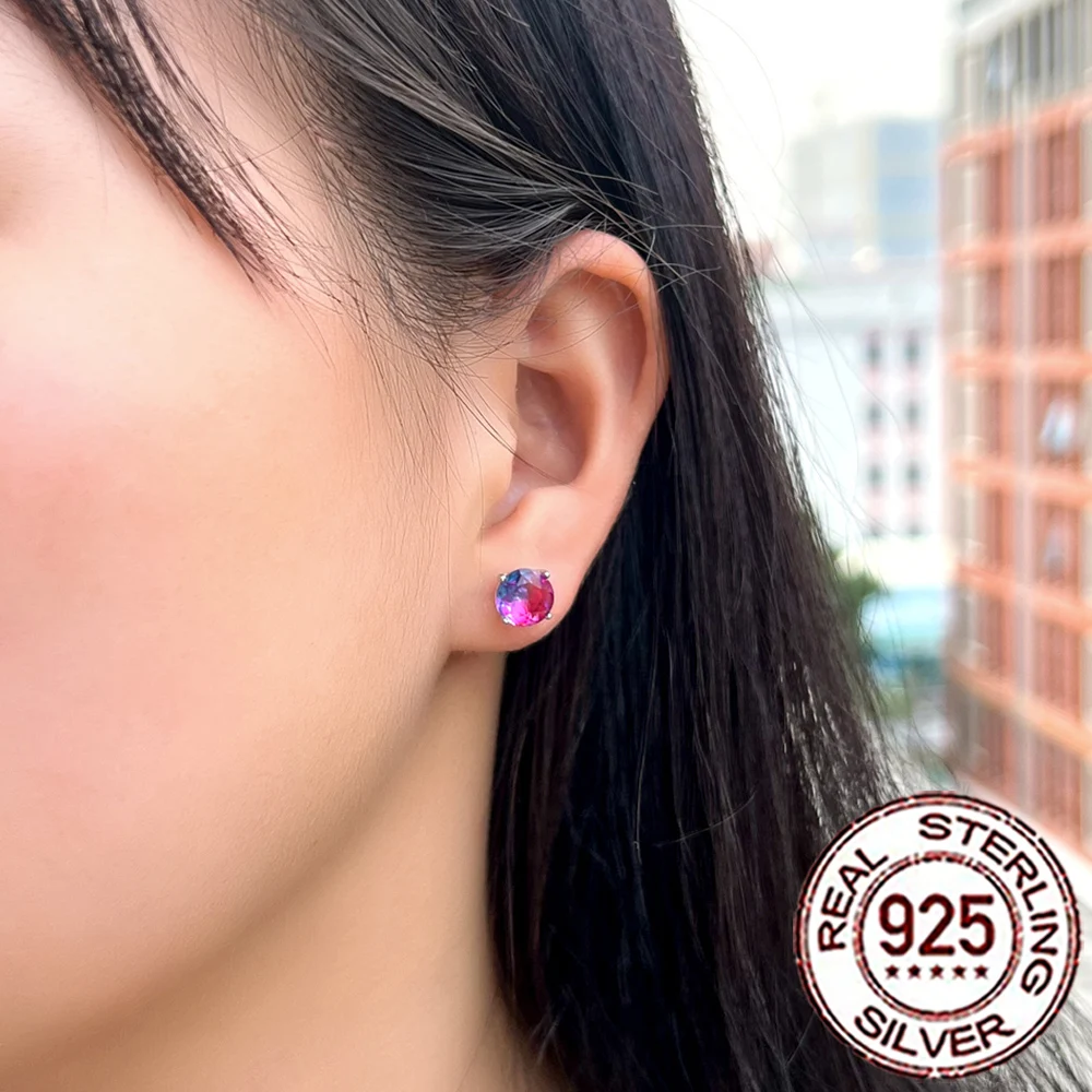 CWWZircons 925 Sterling Silver Delicate Rainbow Mystical CZ Crystal Round Stud Earrings for Women Daily Party Fine Jewelry SE050