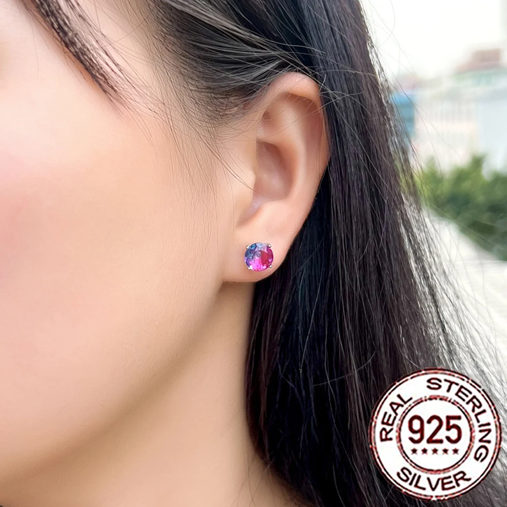 CWWZircons 925 Sterling Silver Delicate Rainbow Mystical CZ Crystal Round Stud Earrings for Women Daily Party Fine Jewelry SE050