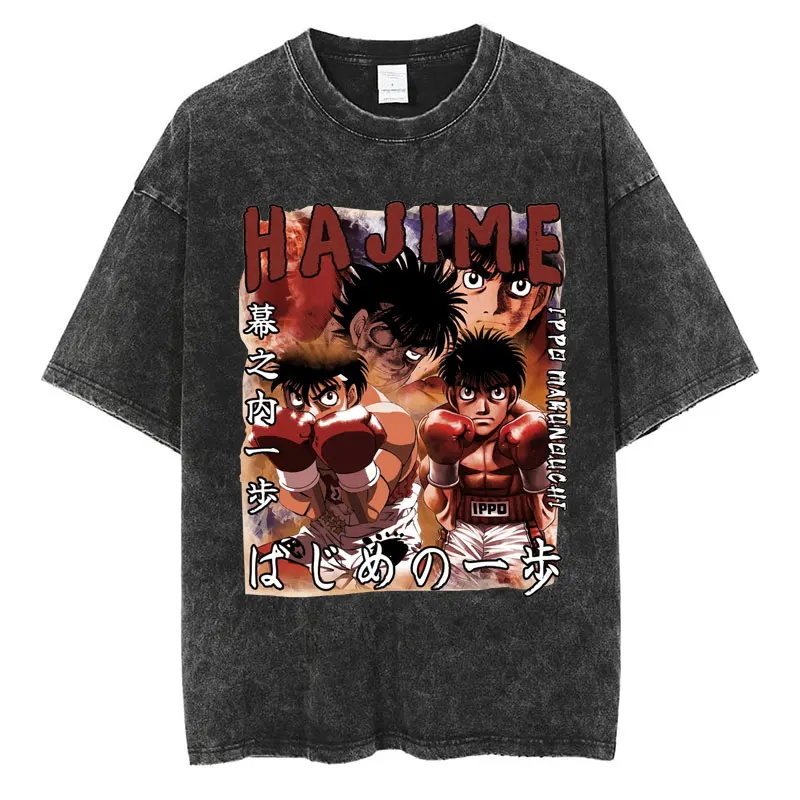 Anime Hajime No Ippo Washed Vintage T-shirt Kamogawa Boxing Gym Harajuku T-shirts Makunouchi Takamura KGB Loose Cotton T Shirt