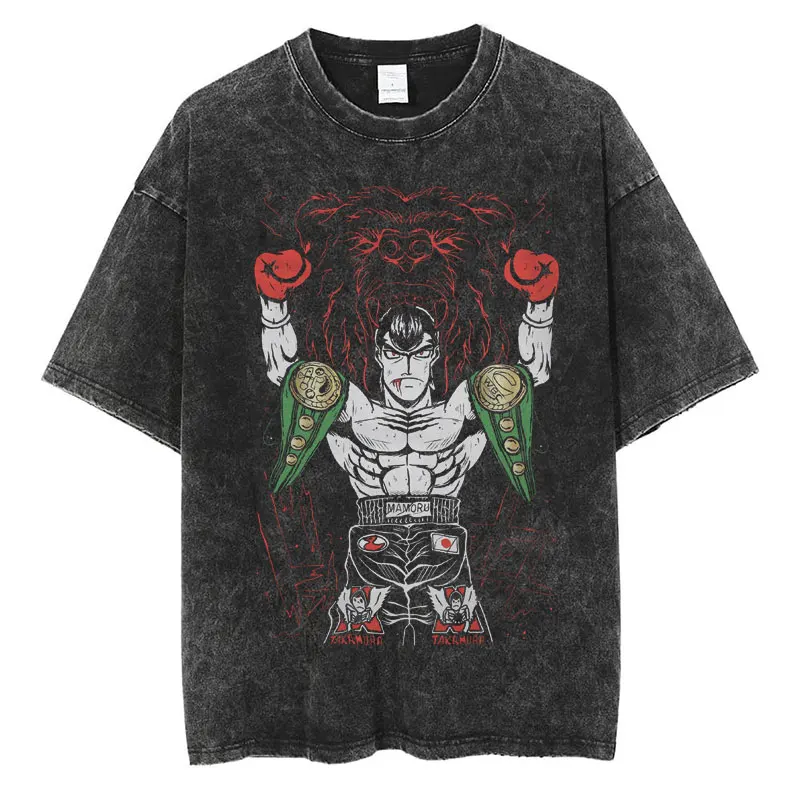 Anime Hajime No Ippo Washed Vintage T-shirt Kamogawa Boxing Gym Harajuku T-shirts Makunouchi Takamura KGB Loose Cotton T Shirt