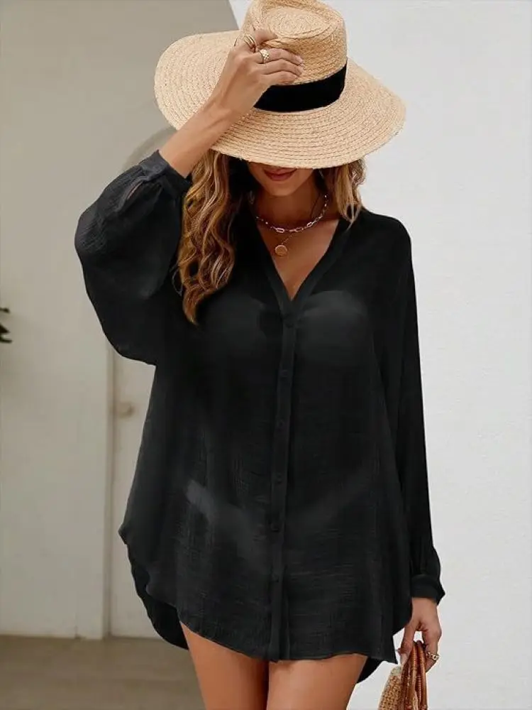 Women Summer Loose Long Sleeve Shirt V Neck Button Beach Cover Up Flowy Sun Protective Tunic Casual Vacation Swim Cover Up