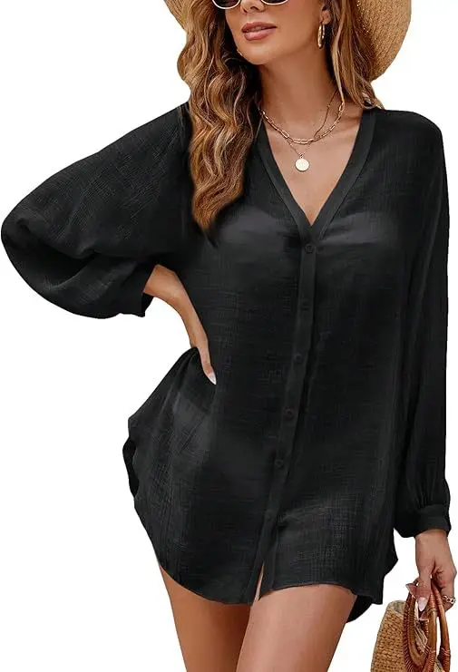 Women Summer Loose Long Sleeve Shirt V Neck Button Beach Cover Up Flowy Sun Protective Tunic Casual Vacation Swim Cover Up