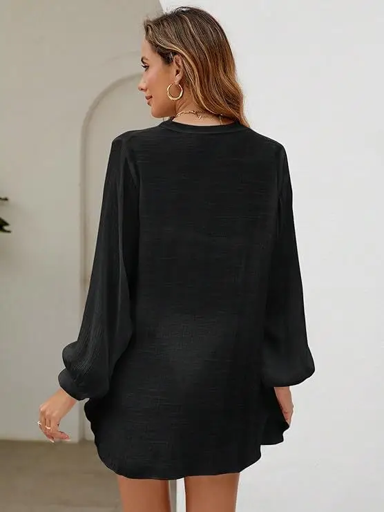 Women Summer Loose Long Sleeve Shirt V Neck Button Beach Cover Up Flowy Sun Protective Tunic Casual Vacation Swim Cover Up