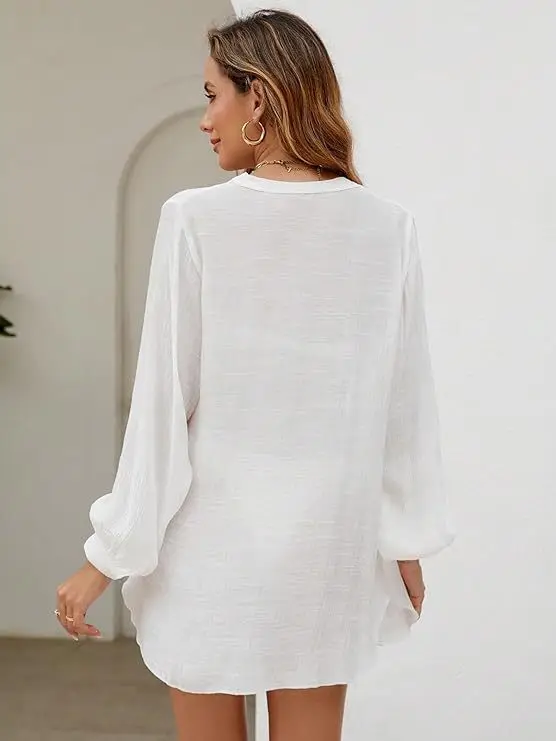 Women Summer Loose Long Sleeve Shirt V Neck Button Beach Cover Up Flowy Sun Protective Tunic Casual Vacation Swim Cover Up