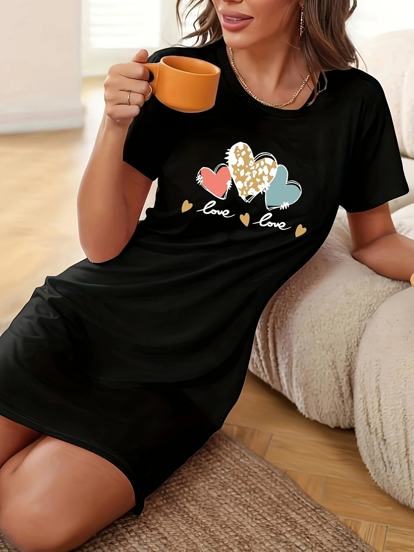 Summer Women's Bee Bow Pattern Printed Casual Bag Buttocks Slim Fit Short Sleeved Round Neck T-Shirt Mini Dress