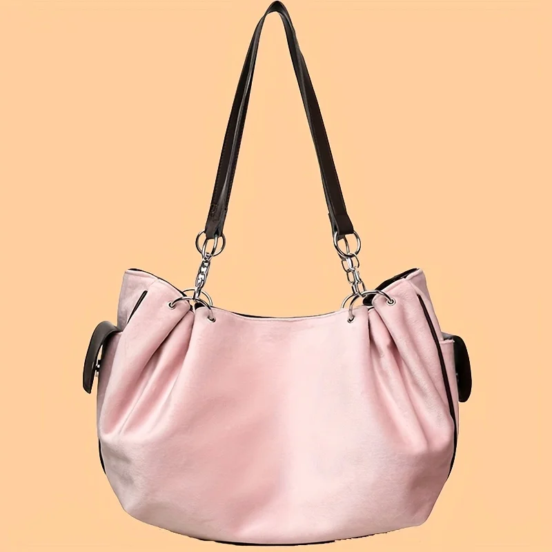 Letter Print Faux Suede Women Handbag Shoulder Bag, Retro Large Capacity Tote Bag for Daily Commuting and Hand-Carry.Pumpkin Bag