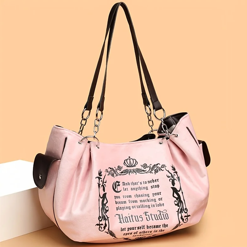 Letter Print Faux Suede Women Handbag Shoulder Bag, Retro Large Capacity Tote Bag for Daily Commuting and Hand-Carry.Pumpkin Bag