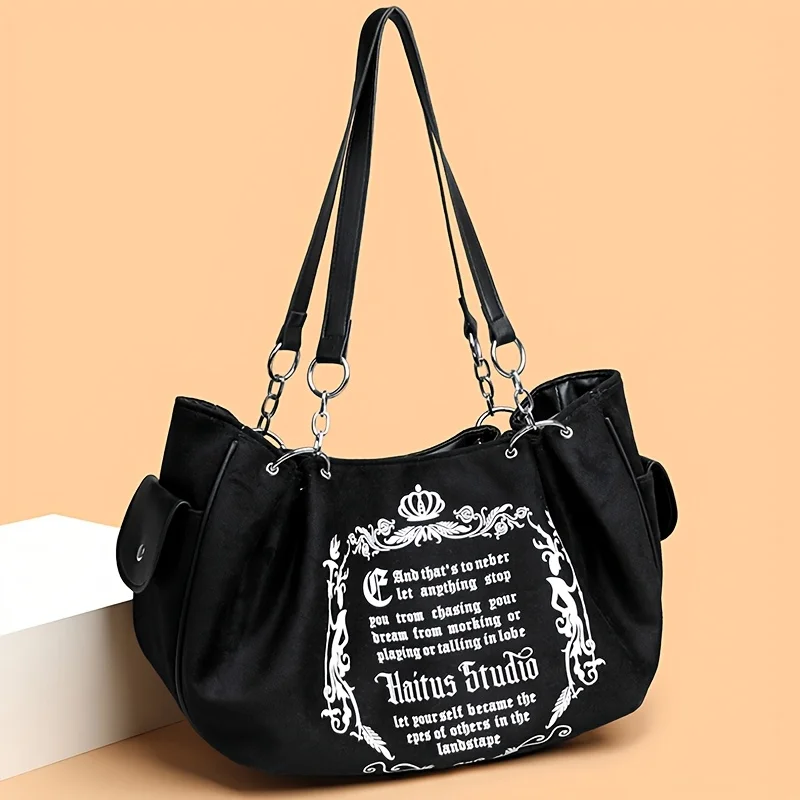 Letter Print Faux Suede Women Handbag Shoulder Bag, Retro Large Capacity Tote Bag for Daily Commuting and Hand-Carry.Pumpkin Bag