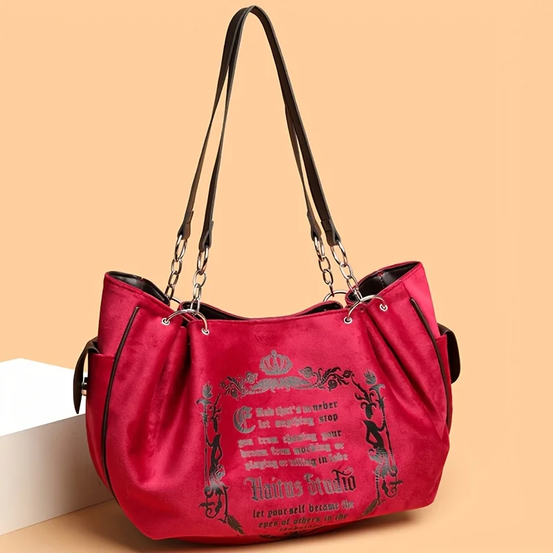 Letter Print Faux Suede Women Handbag Shoulder Bag, Retro Large Capacity Tote Bag for Daily Commuting and Hand-Carry.Pumpkin Bag