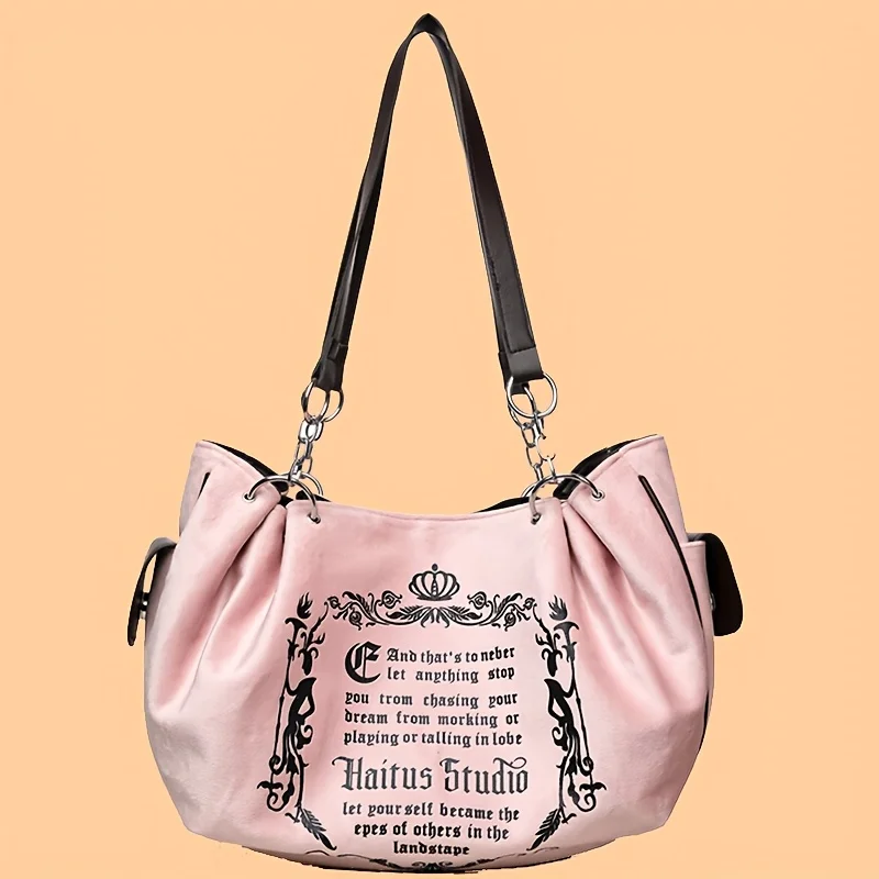 Letter Print Faux Suede Women Handbag Shoulder Bag, Retro Large Capacity Tote Bag for Daily Commuting and Hand-Carry.Pumpkin Bag