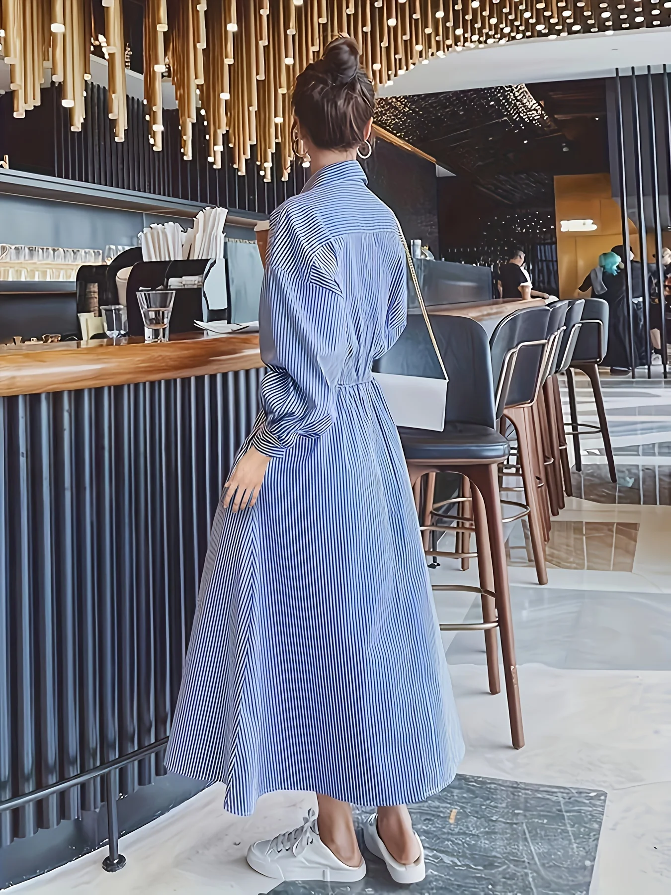 2025 New! Women's Blue - White Stripe Shirt Dress, Ideal for Spring & Fall. Slimming with Cinched Waist, High - end Long Dress