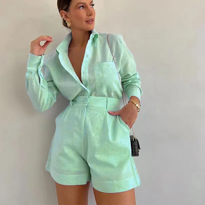 Women's Long Sleeve 2-Piece Set Casual Button Detail Shorts Outfit with Shirt Top Summer Fashion Female Suit