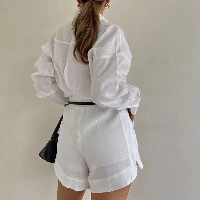 Women's Long Sleeve 2-Piece Set Casual Button Detail Shorts Outfit with Shirt Top Summer Fashion Female Suit