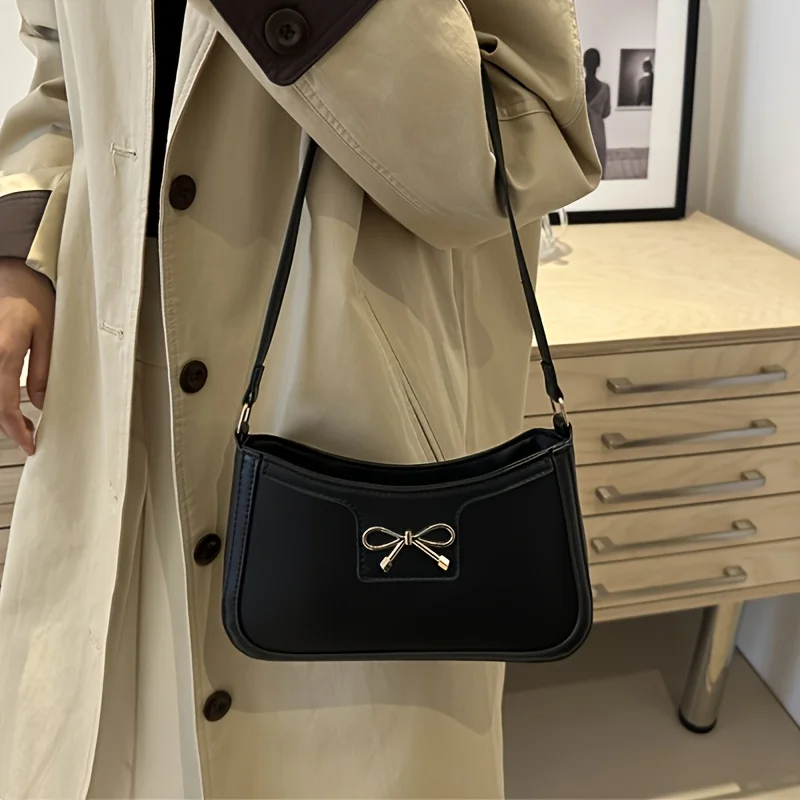Solid Color Bowknot Shoulder Bag, Elegant Small Square Bag, Suitable for Women Handbags, Zipper Closure,Fashion Underarm Bag,