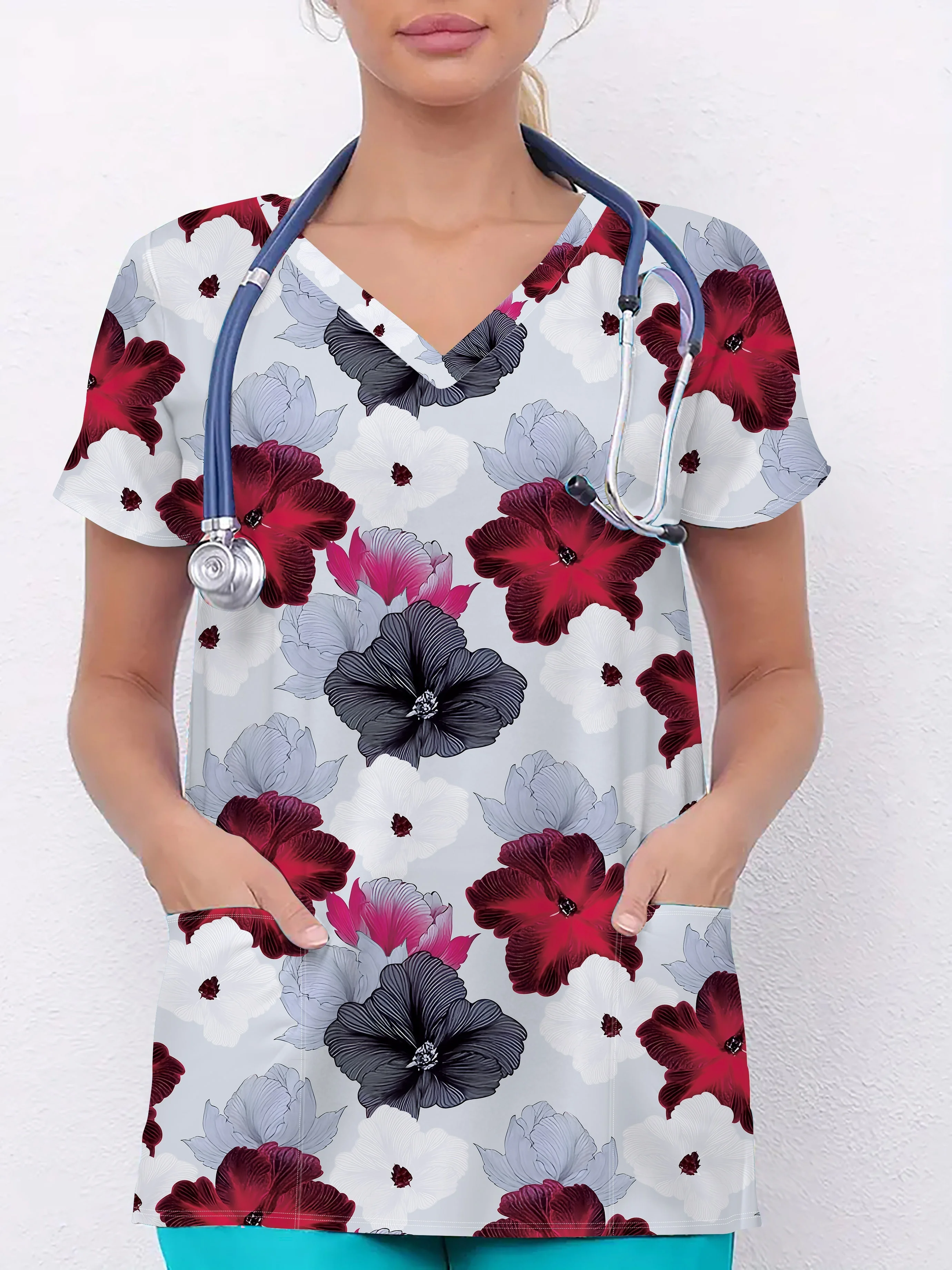 Women's Vintage Floral Print Surgical Gown Tops Short Sleeve V Neck Nurse Uniform Shirt with Pockets T-Shirt Nursing Work Tops