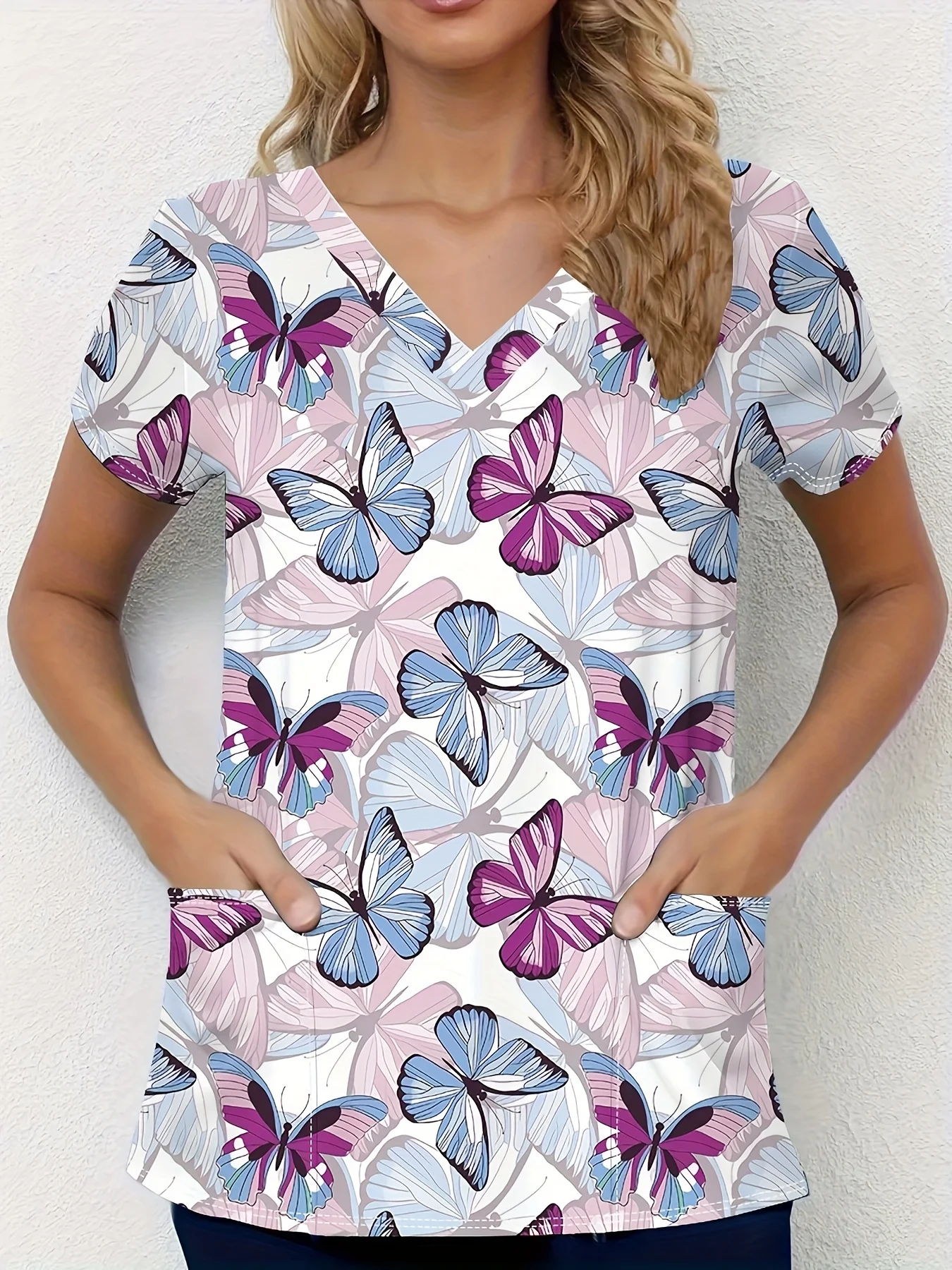 Women's Vintage Floral Print Surgical Gown Tops Short Sleeve V Neck Nurse Uniform Shirt with Pockets T-Shirt Nursing Work Tops