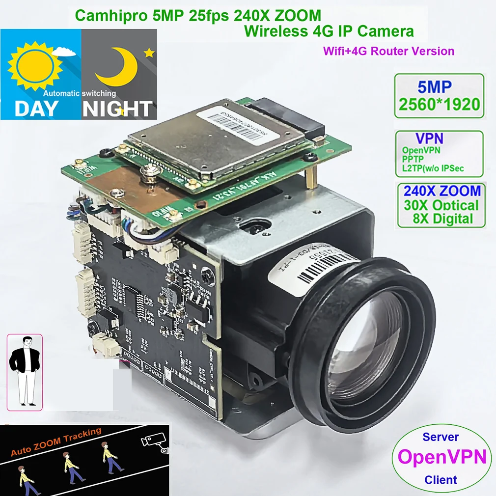 Camhi 5MP 240X Zoom 4G Wireless Auto Zoom Tracking Humanoid IMX 335 IP Camera Wireless AP DV Recorder SD 4G SIM