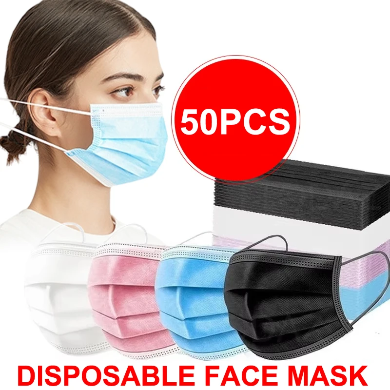 50Pcs 3-layer Mask Face Masks Melt Blown Cloth Disposable Safety Anti-Dust Protective Masks Blue Adults Non-wove Masque