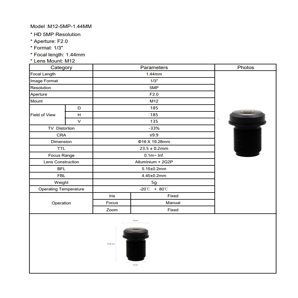 Witrue 5MP Fish Eye Lens 1.44mm M12 X 0.5 Mount 180 Degree F2.0 1/3" for IP Security Cameras