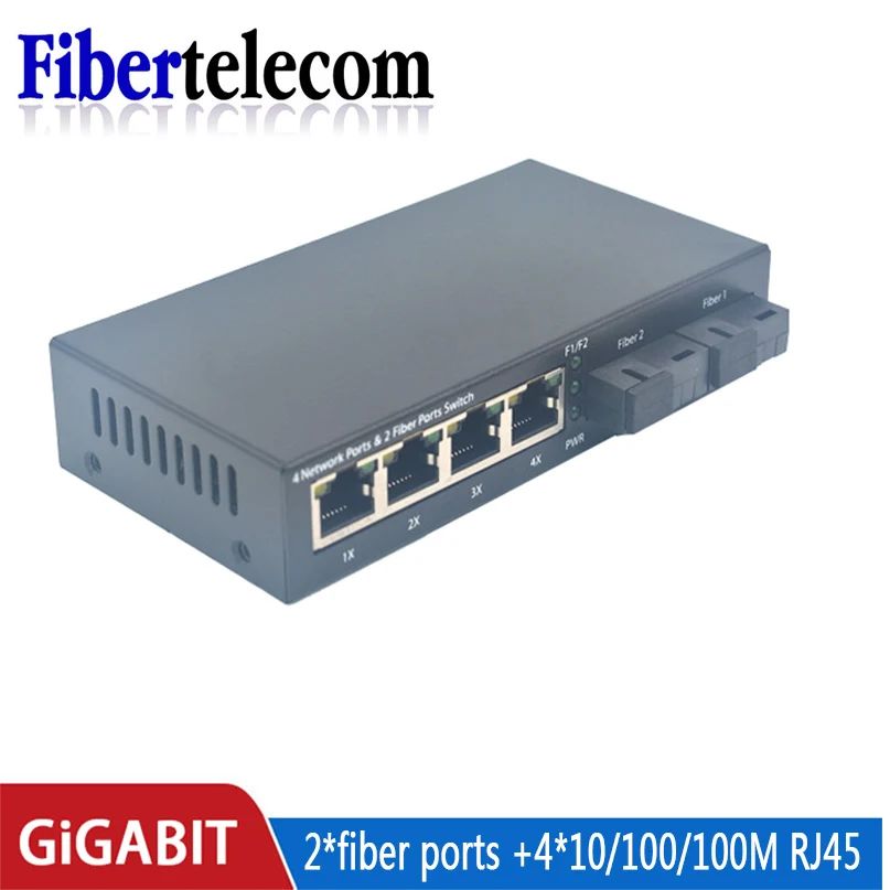 Gigabit Ethernet Switch Fiber Optical Media Converter 4 RJ45 2 10/100/1000M UTP 2F4E Port
