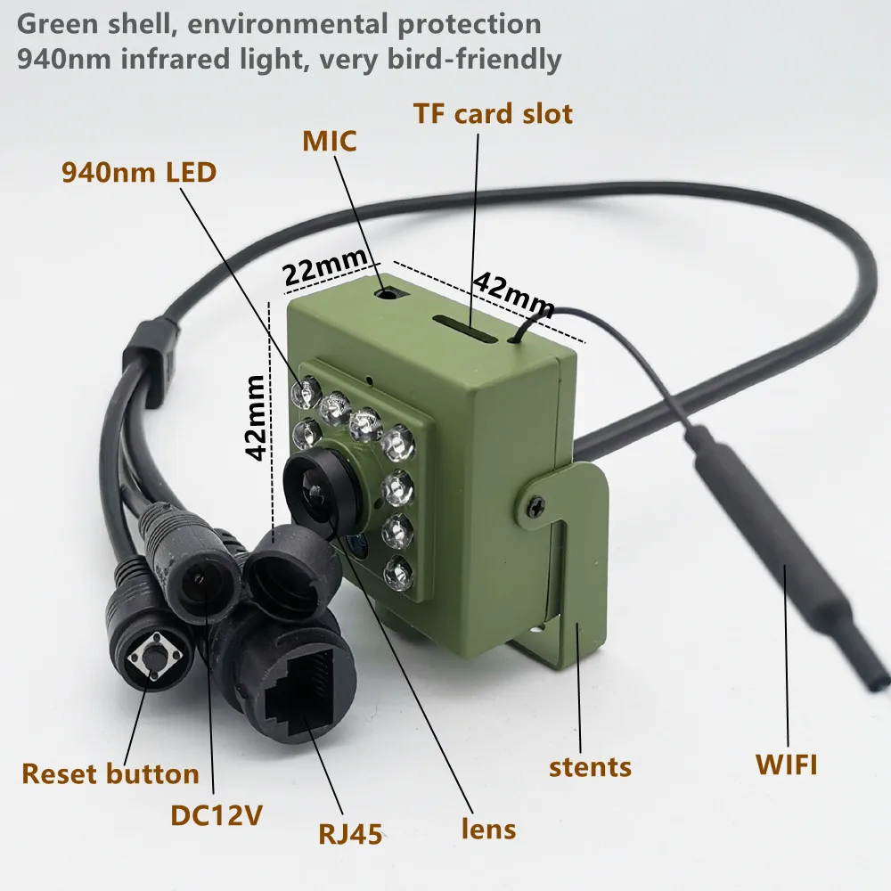 Green Wifi Bird Box Camera Audio 1920P 1080P IR CUT Night Vision RTSP FTP Mini IP IPC Pet Nest Bird Watching 2.8mm Lens Camhi