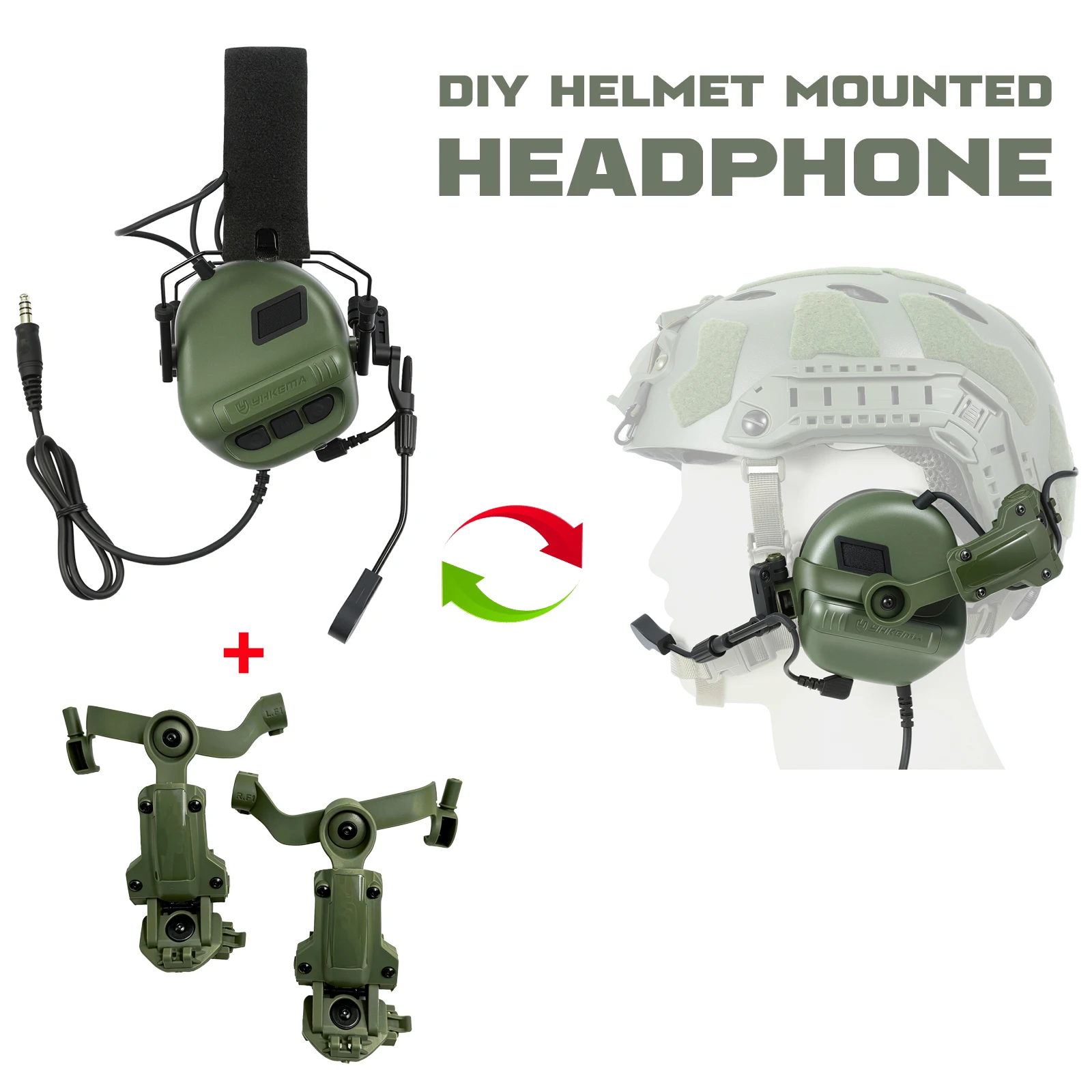 2026 NEW YHKEMA E70 Shooting Earmuffs Tactical Noise Reduction Headset with Helmet ARC Rail Adapter with Kenwood PTT Adapter