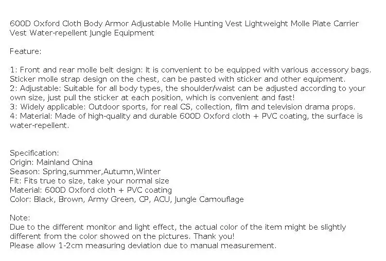 Tactical Vest Waterproof Outdoor Body Armor Lightweight JPC Molle Plate Carrier Hunting Vest CS Game Jungle Security Equipment