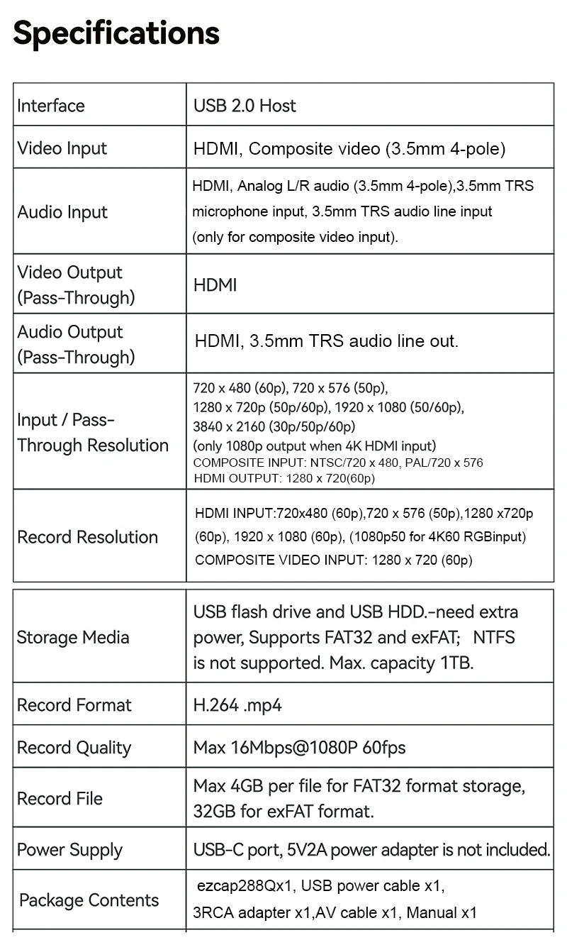 Ezcap288Q HDMI AV Video Capture Card 1080P 60Hz Recording Game Recorder One Key Record To USB U Flash Disk Mic Line in 4K60Hz In