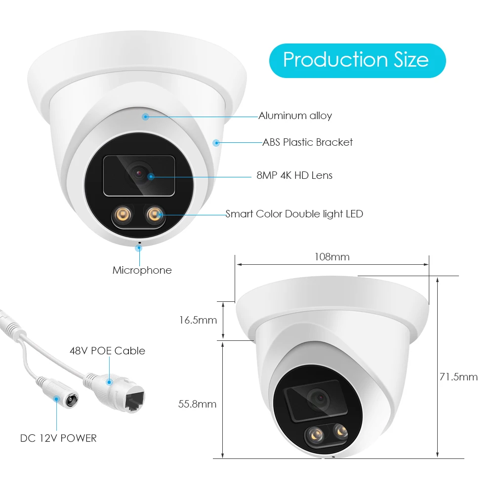 8MP 4K IP Camera Outdoor ASECAM Face Detection Audio Dual Light H.265 Onvif CCTV Metal Dome Video Surveillance Camera RTSP