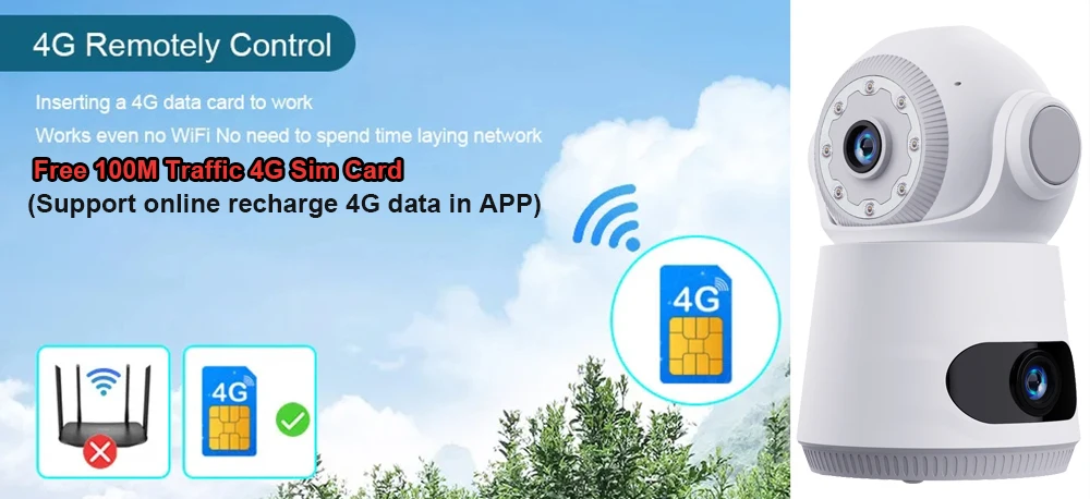 4G Camera With Sim Card 8MP 4K Dual Lens Dual Screen Two-Way Audio Indoor Baby Monitor IP Camera CCTV Surveillance Home Security