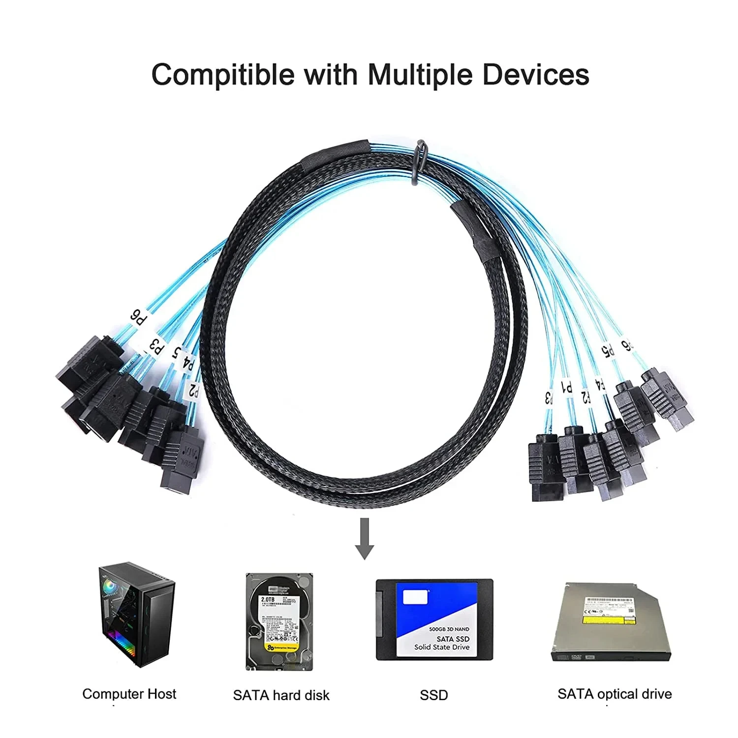 4/6/8Pcs Set 7 Pin SATA to 7 Pin SAS Cable12Gbps High-Speed Data Transfer SATA 3.0HDD Cable for Server NAS PC - 6 Ports per Set