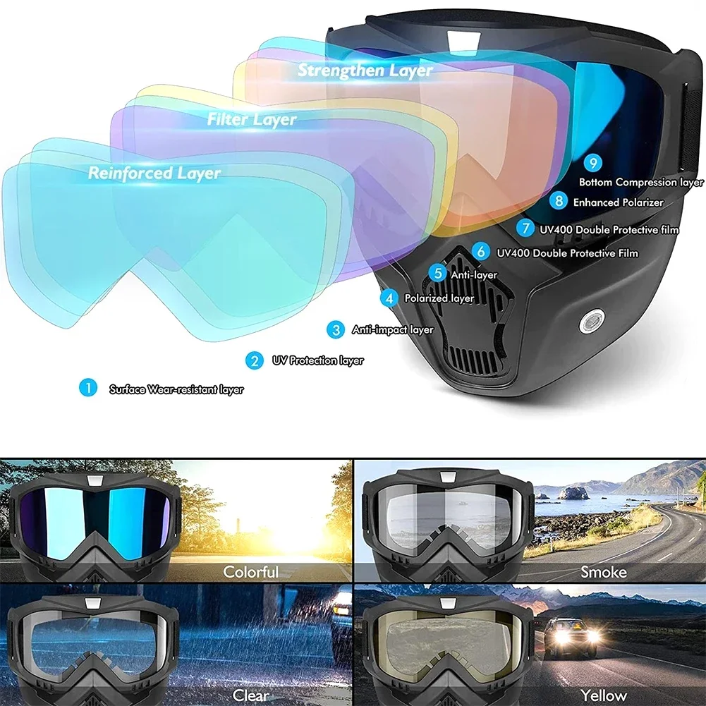 UV400 Motorcycle Sunglasses Mask - Windproof Cycling Goggles with Mouthpiece for Motocross Ski & Bicycle Riding Protection