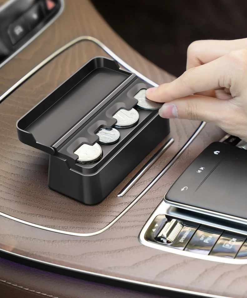 Black 4 Slots Coin Dispenser In Car Coin Holder Sorter Collector With Spring Mini Portable Storage Safe Box For Shop Outdoor Car