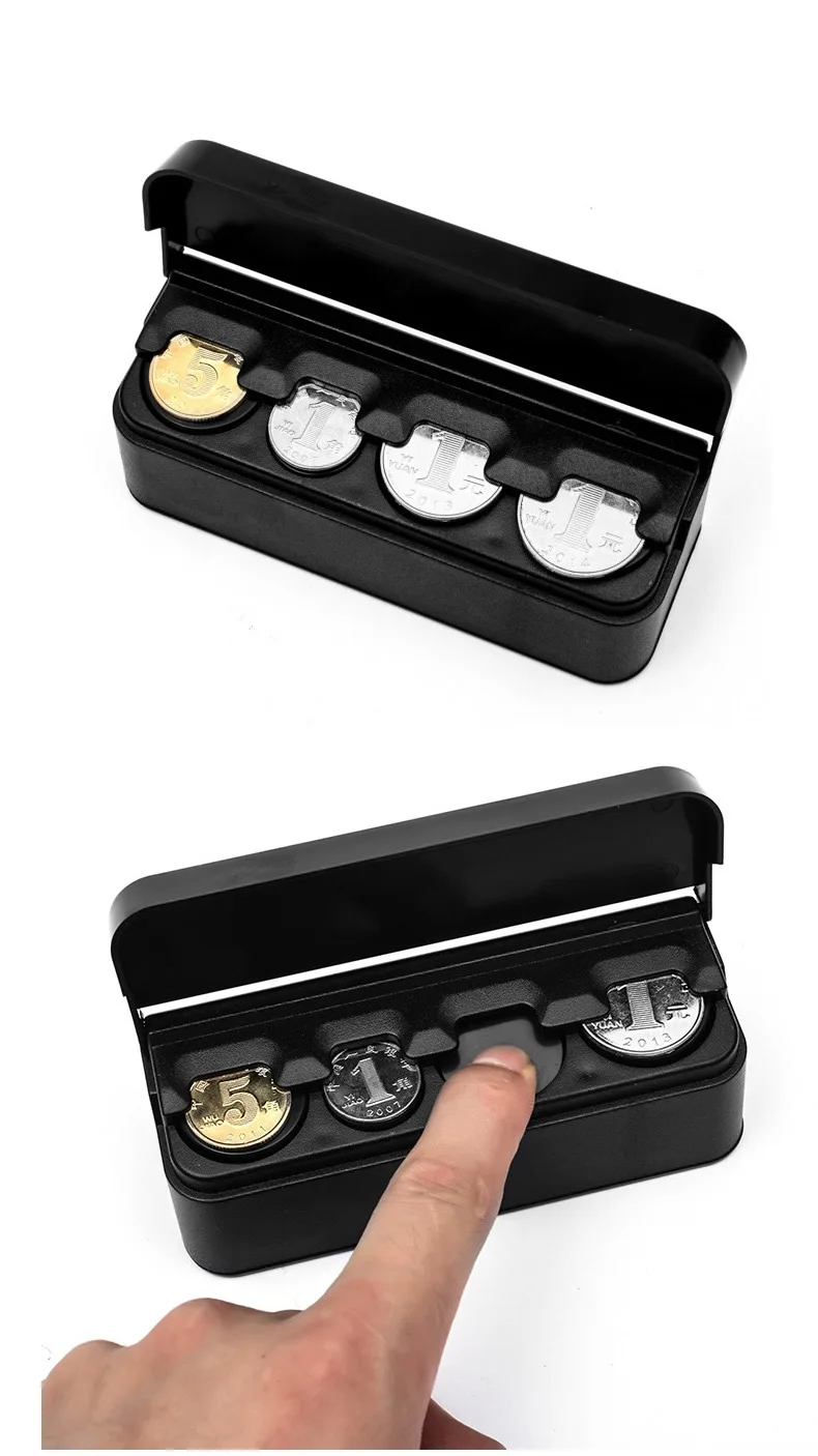 Black 4 Slots Coin Dispenser In Car Coin Holder Sorter Collector With Spring Mini Portable Storage Safe Box For Shop Outdoor Car