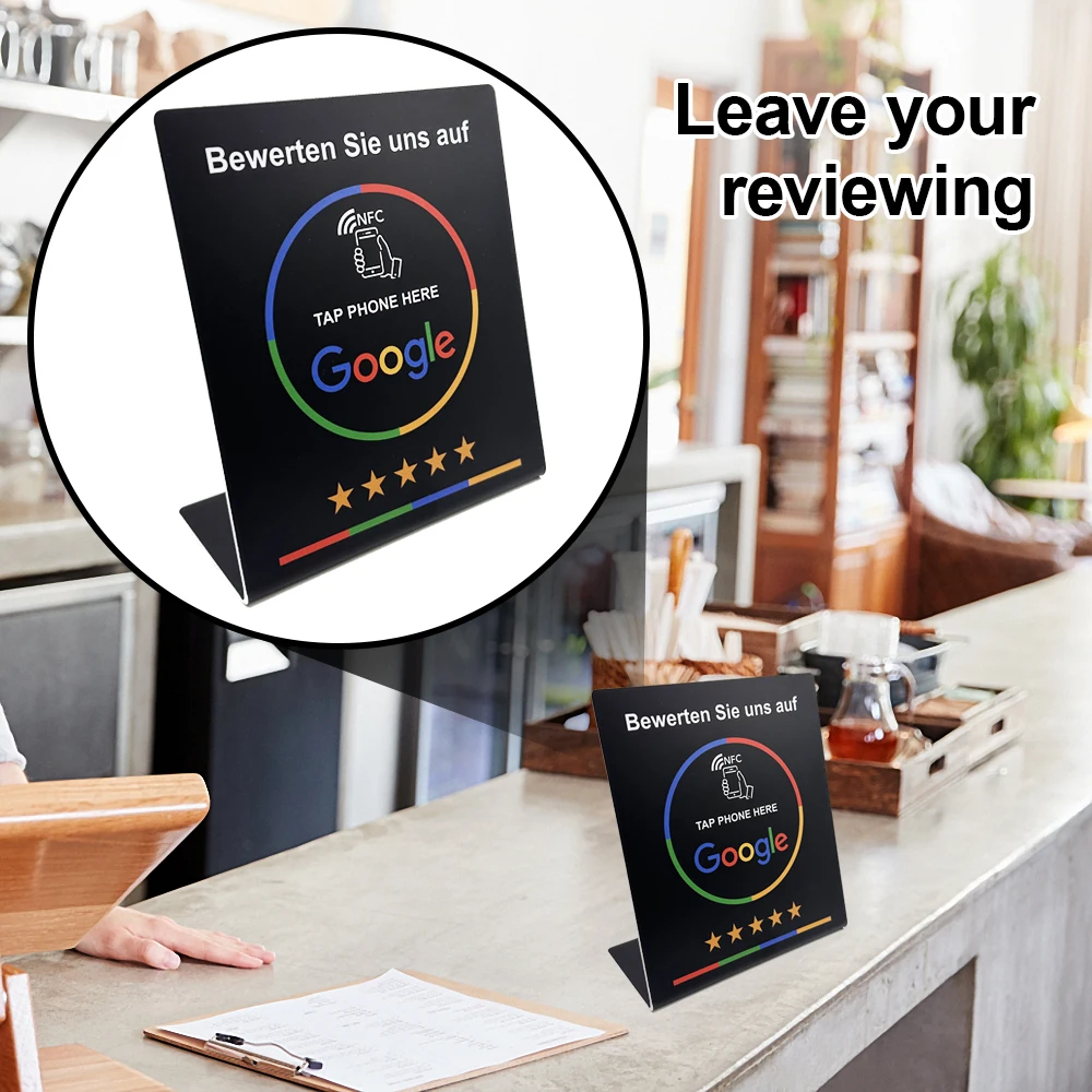 NFC Tap Stand German French Spanish English 4 Version Google Review NFC Stand NFC Table Display for Restaurant