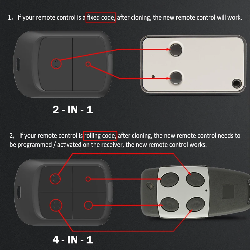 Multi-frequency 280-868MHz Garage Door Opener Remote Control Gate Opener 433MHz Handheld Transmitter With Car Sun Visor Clip