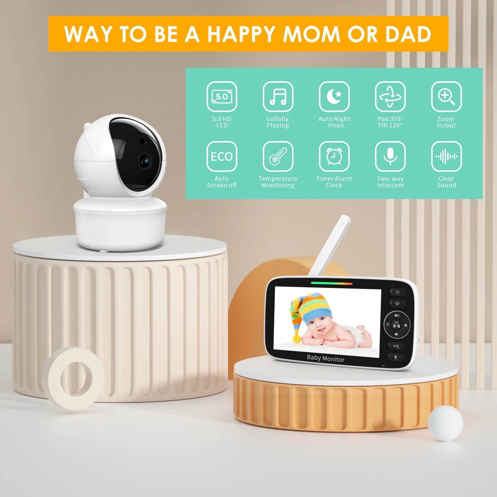 SM50/SM530A 5 Inch LCD Video Baby Monitors Wireless Babysitter Two Way Audio Night Light Temperature Pet Baby Camera Nanny Music