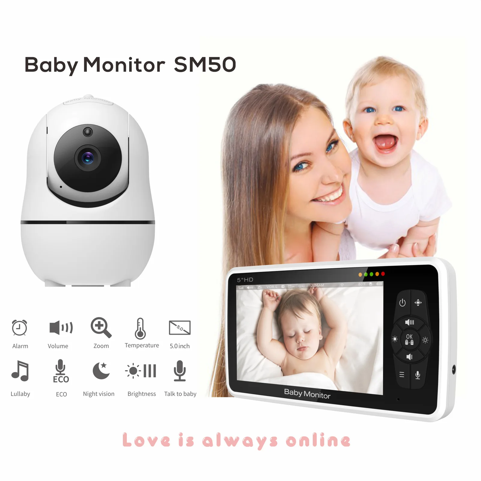 SM50/SM530A 5 Inch LCD Video Baby Monitors Wireless Babysitter Two Way Audio Night Light Temperature Pet Baby Camera Nanny Music