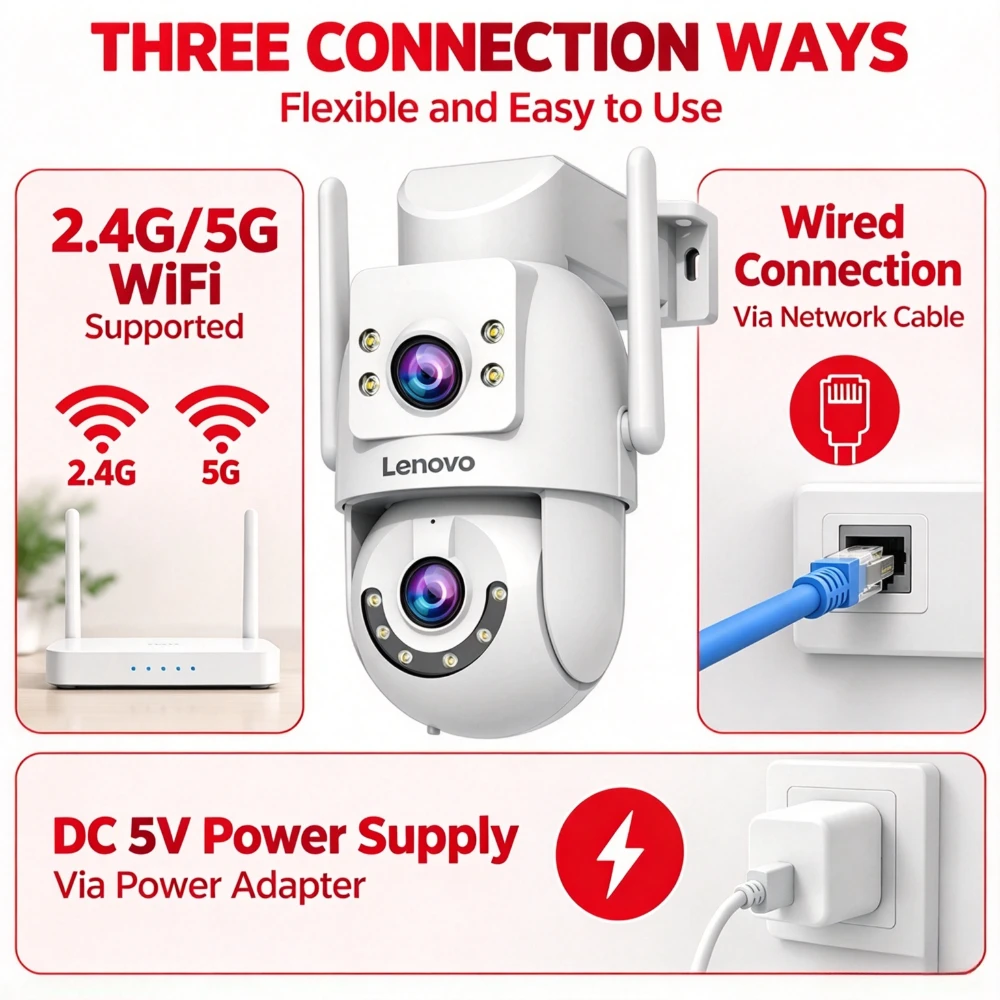 Lenovo 4K 8MP HD 5G Wifi PTZ Camera Outdoor Dual Lens Two-Way Talk IP66 Waterproof AI Tracking CCTV Audio Video Surveillance