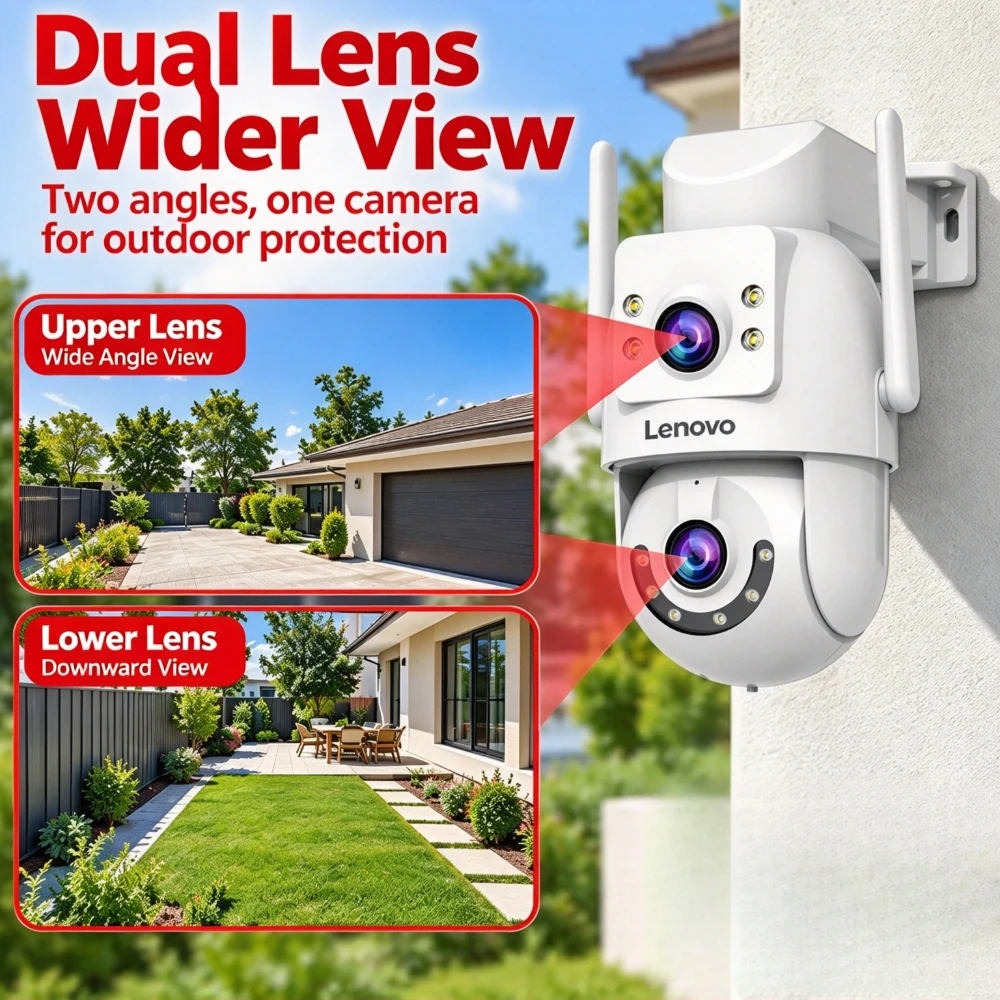 Lenovo 4K 8MP HD 5G Wifi PTZ Camera Outdoor Dual Lens Two-Way Talk IP66 Waterproof AI Tracking CCTV Audio Video Surveillance