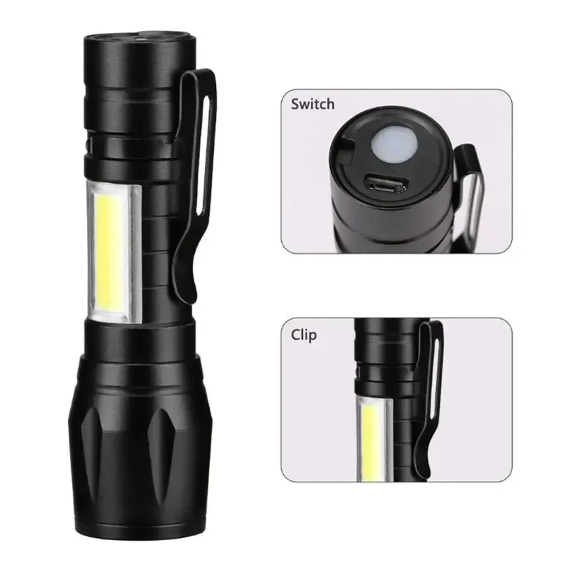 Mini LED Flashlight COB+XPE Portable Torch USB Charging Camping Lantern Zoomable Focus Light Tactical Flashlight with Pen Clip