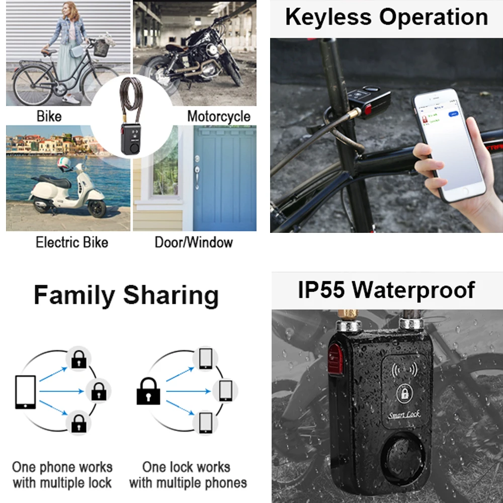 Bluetooth Bike Motorcycle Anti Theft Lock Alarm Waterproof Burglar Vibration Bike Alarm Lock System Security Smart APP Control