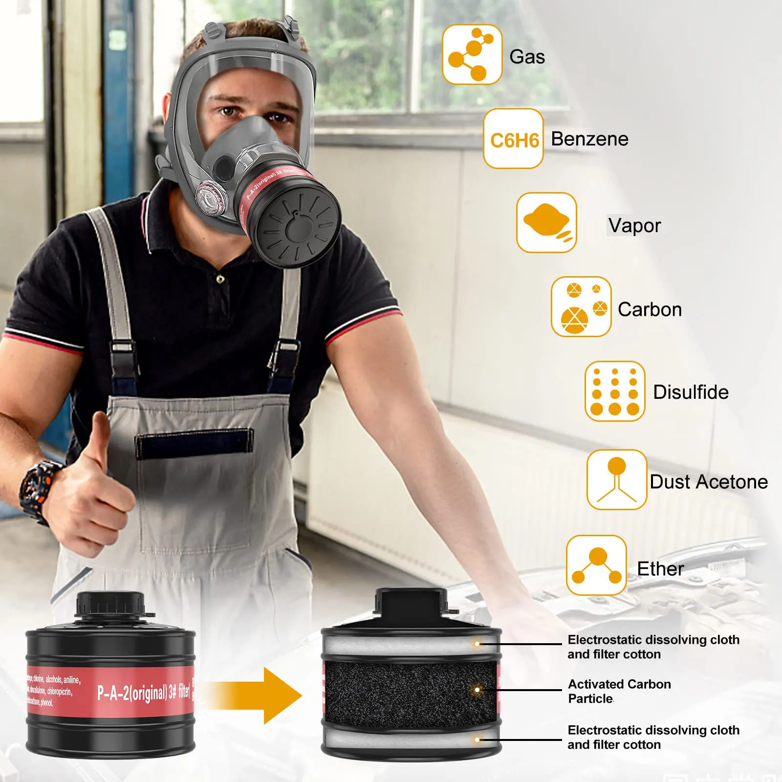 Full Face Gas Mask Survival Chemical Respirator with 40mm Filter Activated Carbon Full Face Respirator for Safety Protection