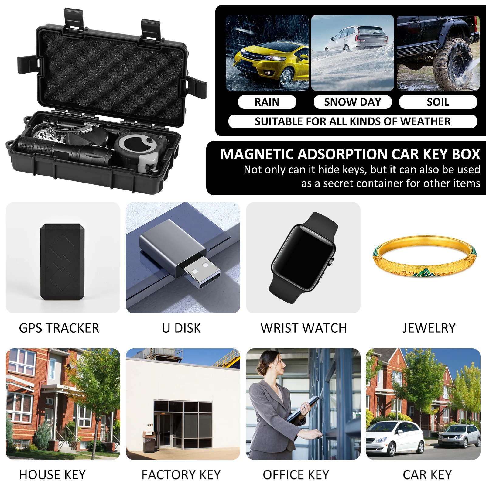 Waterproof Magnetic Key Box Magnetic Under Car Key Holder Rust-Proof Hider Box Multifunctional Box for Spare Key GPS Locator