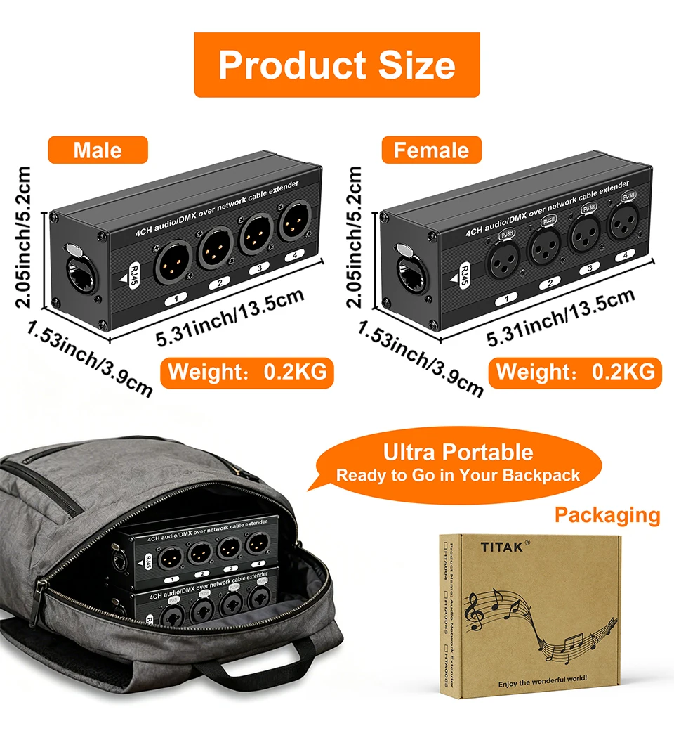 4 Channel 3Pin XLR to RJ45 Audio Extender STP Cat5 Cat6 DMX512 Network Signal Extender for Stage Sound Lighting Studio