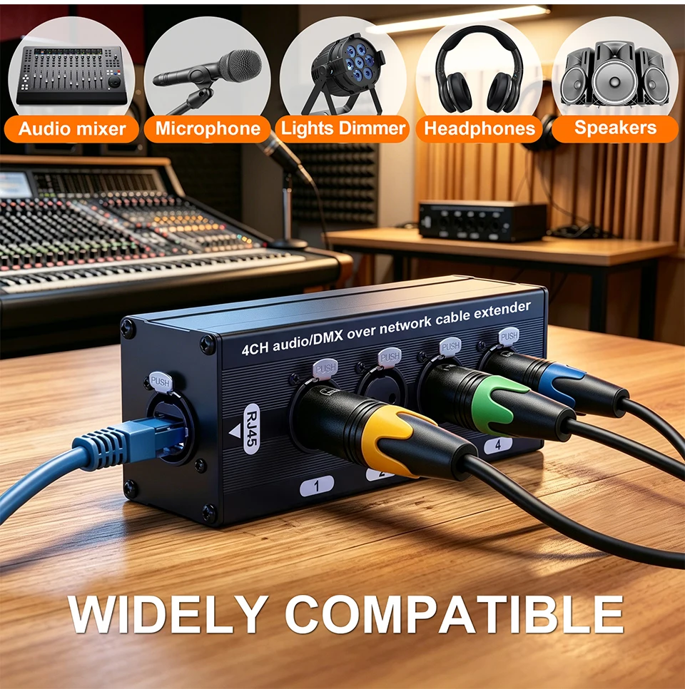 4 Channel 3Pin XLR to RJ45 Audio Extender STP Cat5 Cat6 DMX512 Network Signal Extender for Stage Sound Lighting Studio