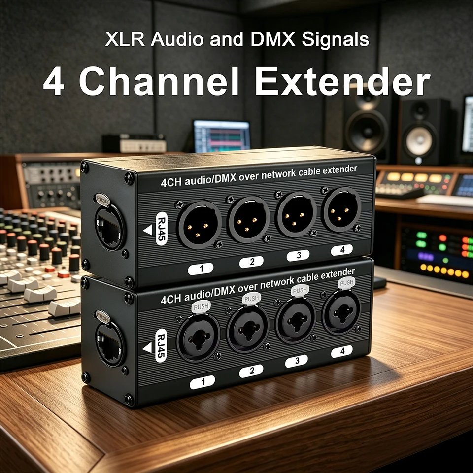 4 Channel 3Pin XLR to RJ45 Audio Extender STP Cat5 Cat6 DMX512 Network Signal Extender for Stage Sound Lighting Studio